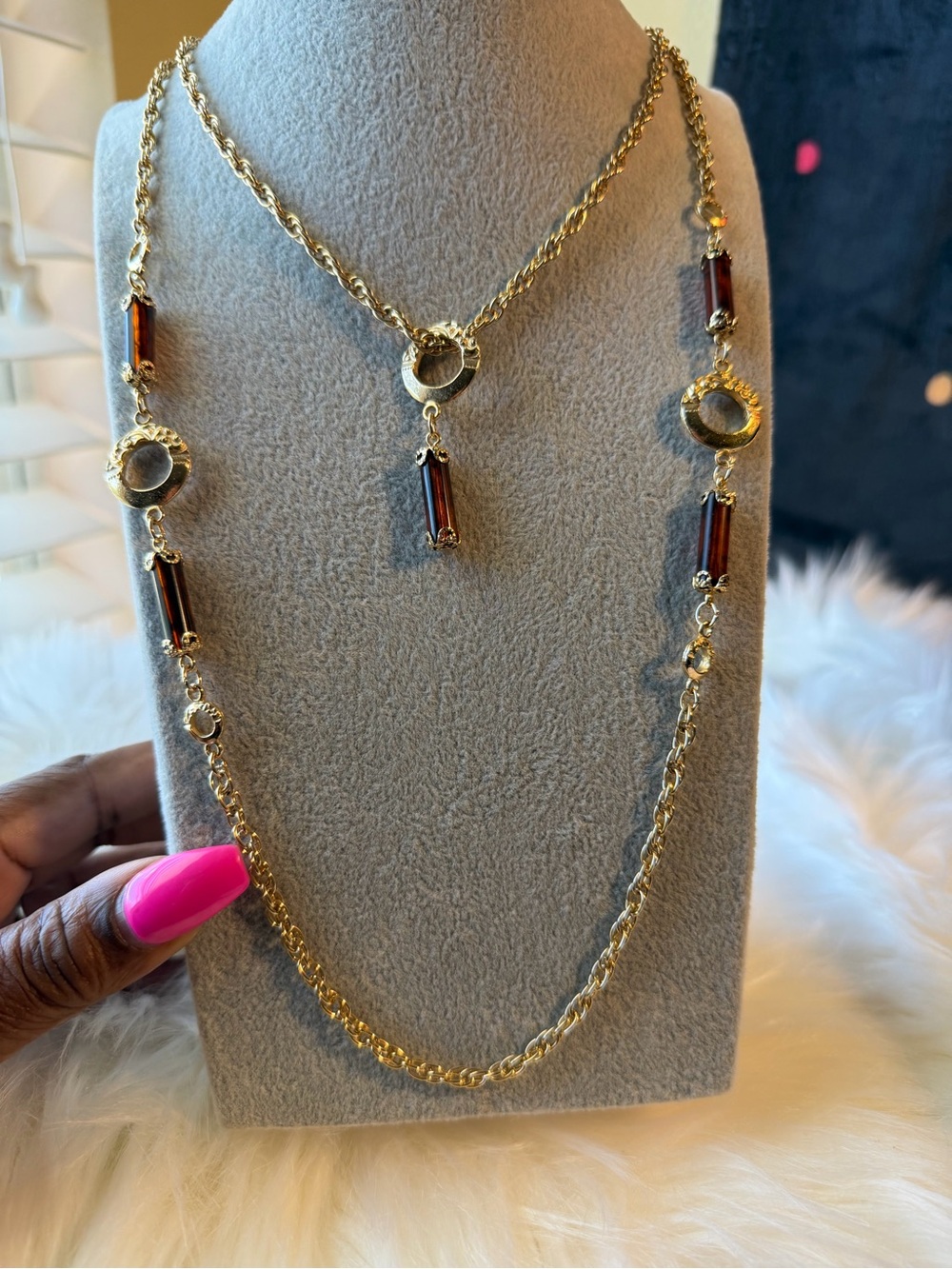 Vintage Sarah Coventry Gold-Tone 2 Strand Necklace/Amber -Colored Bar Accents